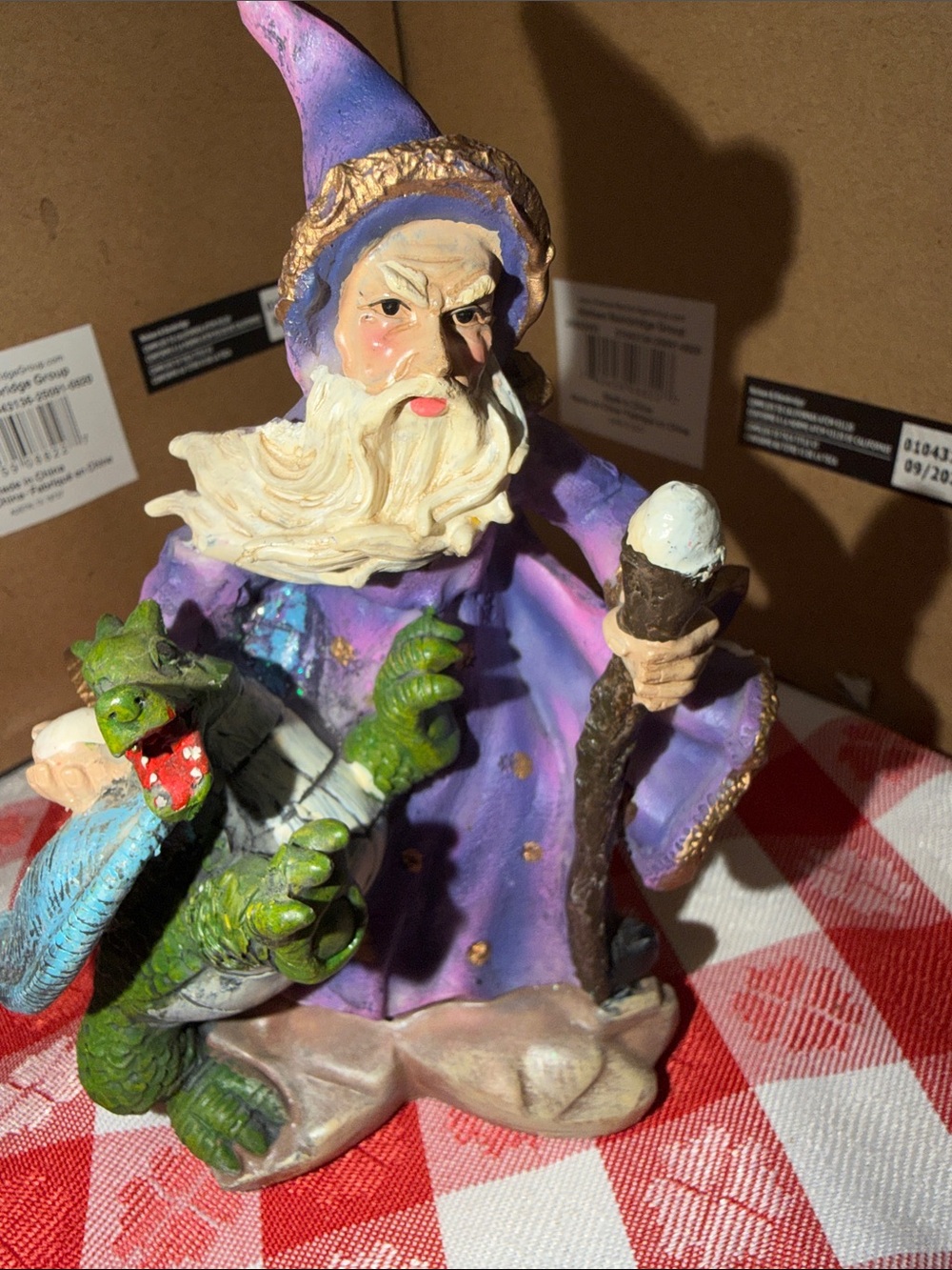 Hand-Painted Purple Wizard Sculpture with Green Dragon Accent